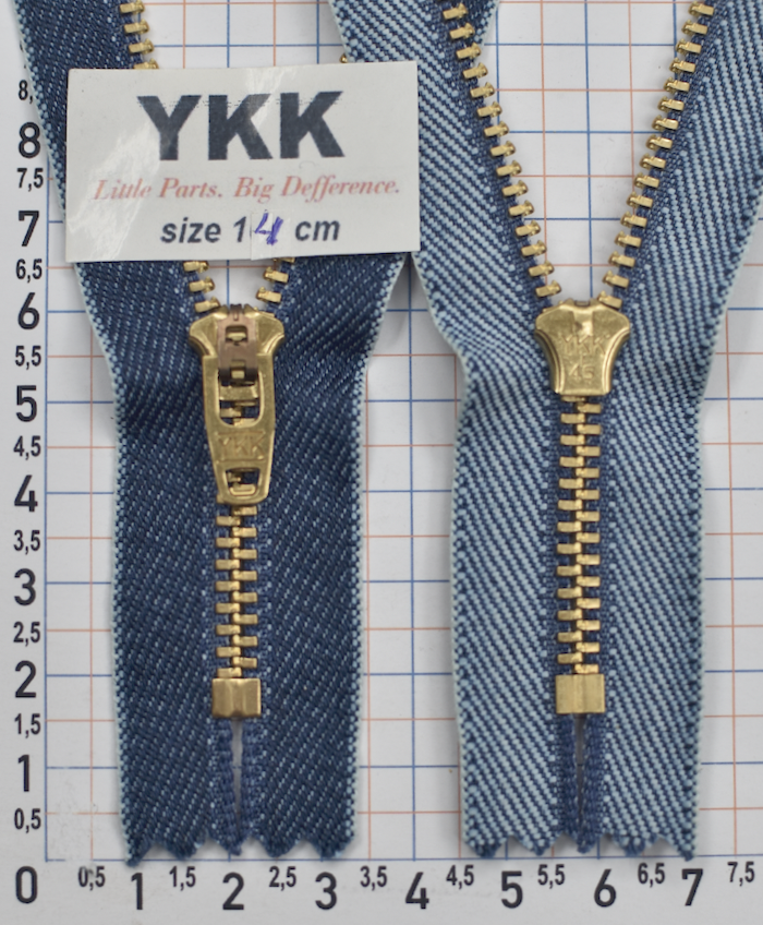 Блискавка метал джинсова золото №4 YKK Японія 14см індиго